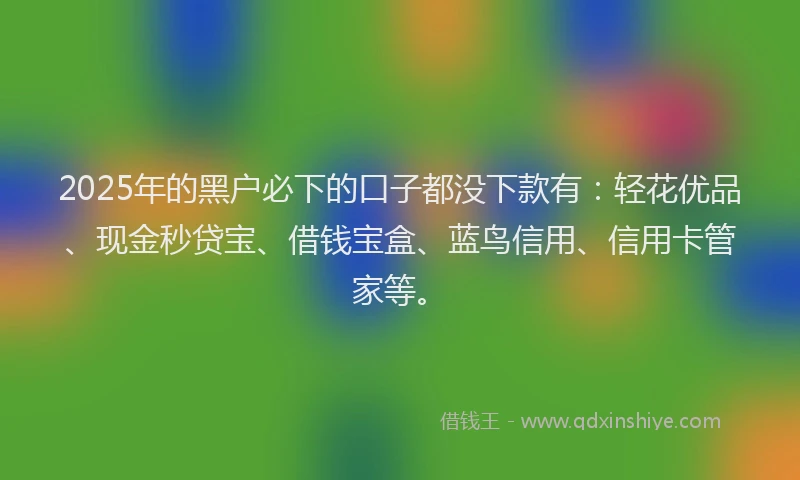 2025年的黑户必下的口子都没下款有：轻花优品、现金秒贷宝、借钱宝盒、蓝鸟信用、信用卡管家等。