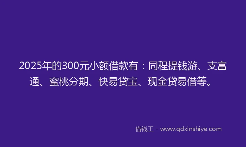 2025年的300元小额借款有：同程提钱游、支富通、蜜桃分期、快易贷宝、现金贷易借等。