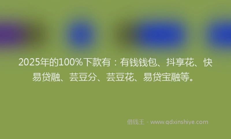 2025年的100%下款有：有钱钱包、抖享花、快易贷融、芸豆分、芸豆花、易贷宝融等。