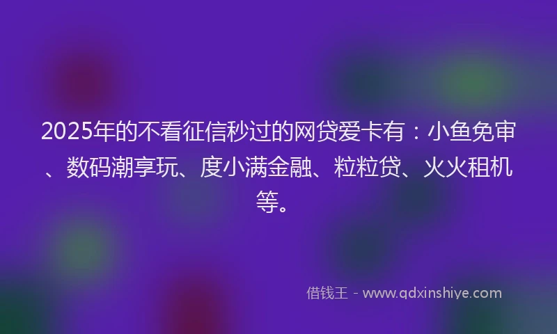 2025年的不看征信秒过的网贷爱卡有：小鱼免审、数码潮享玩、度小满金融、粒粒贷、火火租机等。