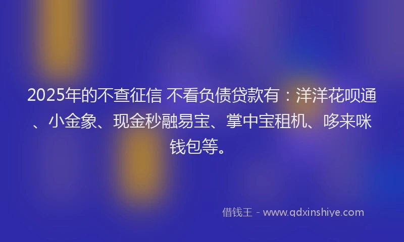 2025年的不查征信 不看负债贷款有：洋洋花呗通、小金象、现金秒融易宝、掌中宝租机、哆来咪钱包等。