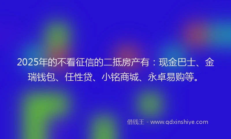 2025年的不看征信的二抵房产有：现金巴士、金瑞钱包、任性贷、小铭商城、永卓易购等。
