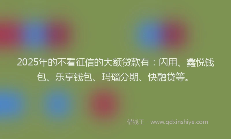 2025年的不看征信的大额贷款有：闪用、鑫悦钱包、乐享钱包、玛瑙分期、快融贷等。
