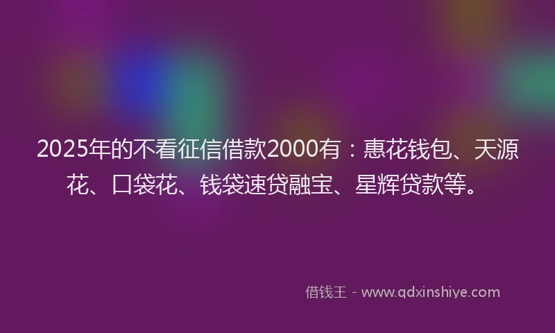 2025年的不看征信借款2000有：惠花钱包、天源花、口袋花、钱袋速贷融宝、星辉贷款等。