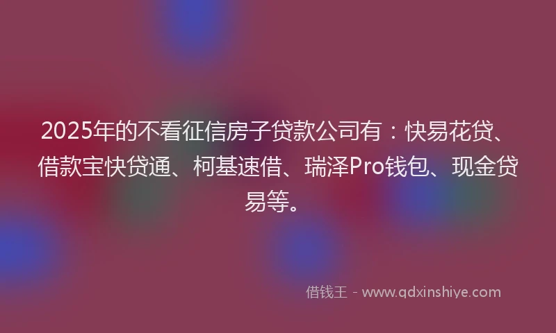 2025年的不看征信房子贷款公司有：快易花贷、借款宝快贷通、柯基速借、瑞泽Pro钱包、现金贷易等。