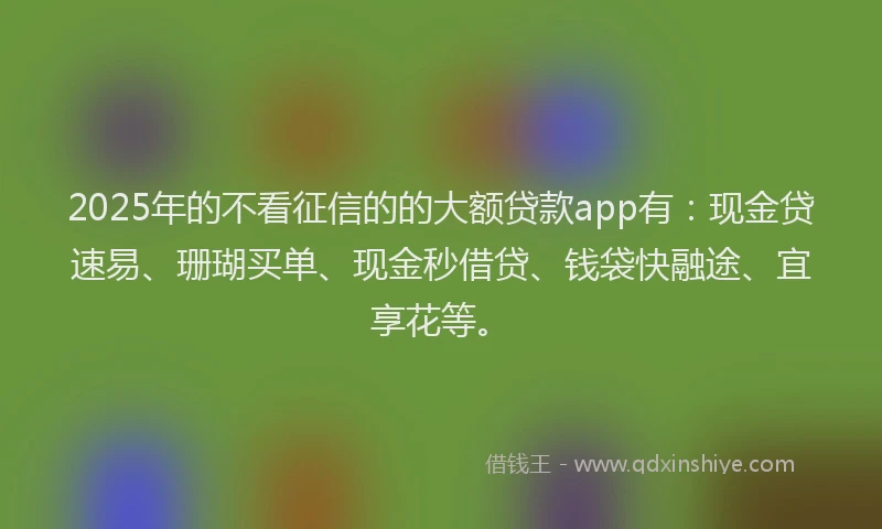 2025年的不看征信的的大额贷款app有：现金贷速易、珊瑚买单、现金秒借贷、钱袋快融途、宜享花等。