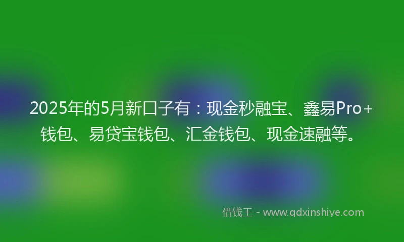 2025年的5月新口子有：现金秒融宝、鑫易Pro+钱包、易贷宝钱包、汇金钱包、现金速融等。