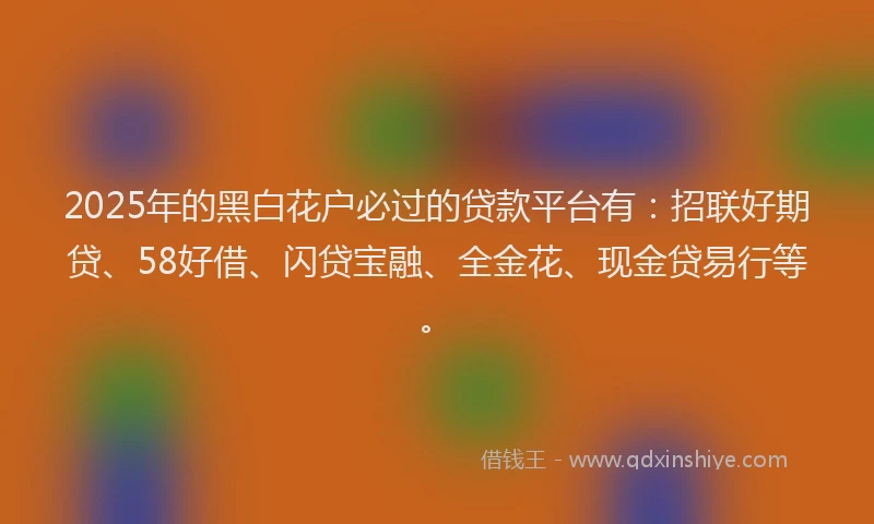 2025年的黑白花户必过的贷款平台有：招联好期贷、58好借、闪贷宝融、全金花、现金贷易行等。