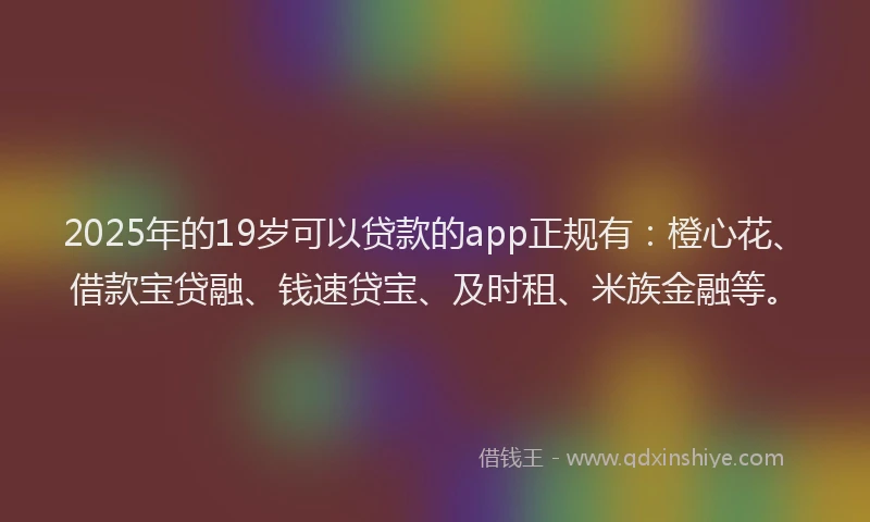 2025年的19岁可以贷款的app正规有：橙心花、借款宝贷融、钱速贷宝、及时租、米族金融等。
