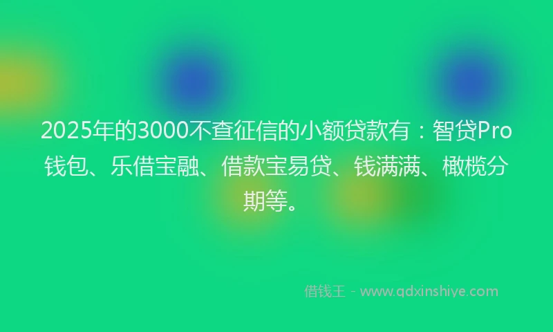2025年的3000不查征信的小额贷款有：智贷Pro钱包、乐借宝融、借款宝易贷、钱满满、橄榄分期等。