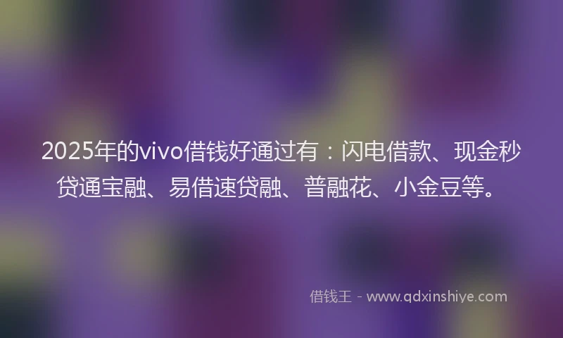 2025年的vivo借钱好通过有：闪电借款、现金秒贷通宝融、易借速贷融、普融花、小金豆等。