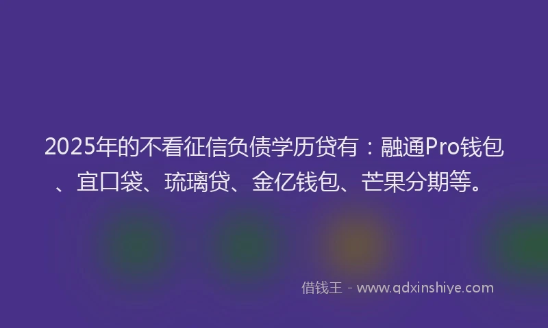 2025年的不看征信负债学历贷有：融通Pro钱包、宜口袋、琉璃贷、金亿钱包、芒果分期等。