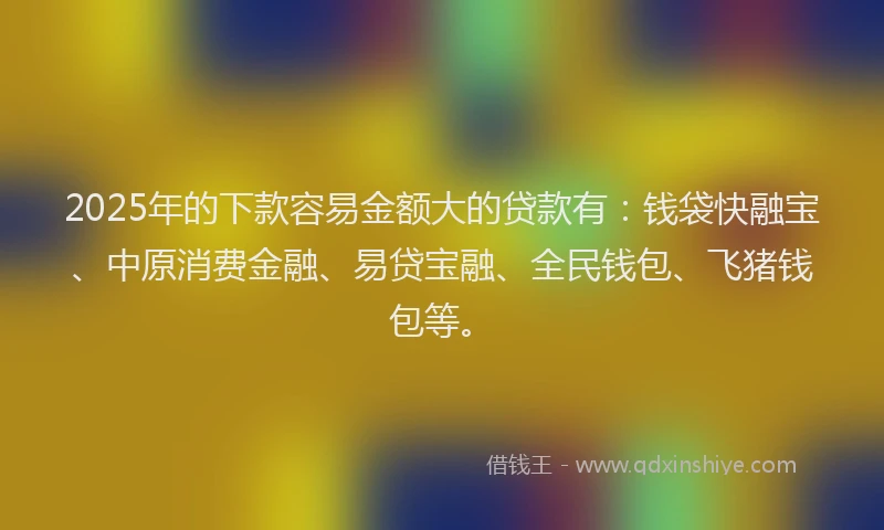 2025年的下款容易金额大的贷款有：钱袋快融宝、中原消费金融、易贷宝融、全民钱包、飞猪钱包等。
