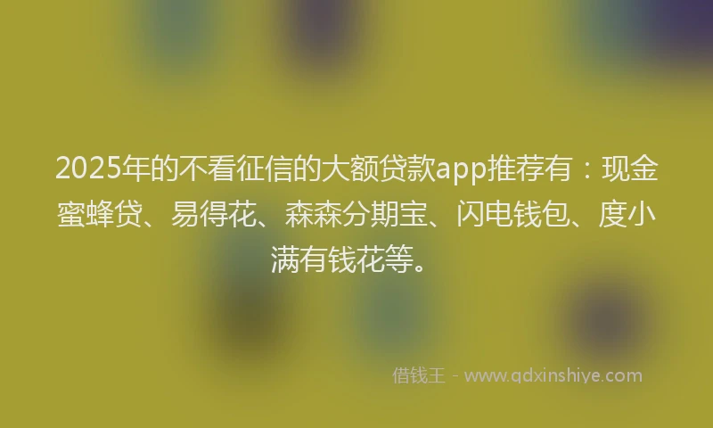 2025年的不看征信的大额贷款app推荐有：现金蜜蜂贷、易得花、森森分期宝、闪电钱包、度小满有钱花等。