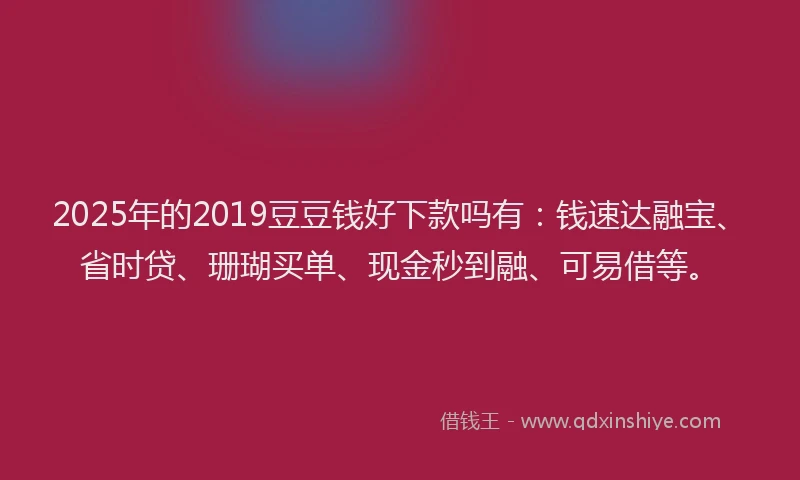 2025年的2019豆豆钱好下款吗有：钱速达融宝、省时贷、珊瑚买单、现金秒到融、可易借等。