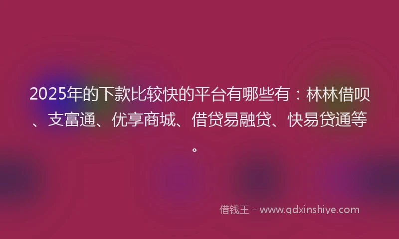 2025年的下款比较快的平台有哪些有：林林借呗、支富通、优享商城、借贷易融贷、快易贷通等。