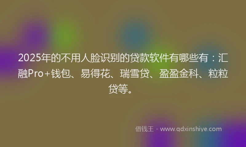 2025年的不用人脸识别的贷款软件有哪些有：汇融Pro+钱包、易得花、瑞雪贷、盈盈金科、粒粒贷等。