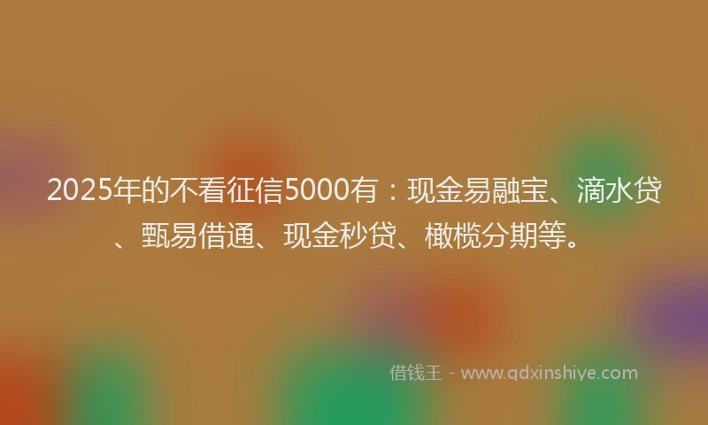 2025年的不看征信5000有：现金易融宝、滴水贷、甄易借通、现金秒贷、橄榄分期等。