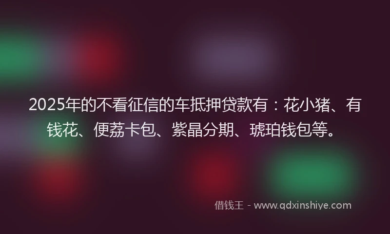2025年的不看征信的车抵押贷款有：花小猪、有钱花、便荔卡包、紫晶分期、琥珀钱包等。