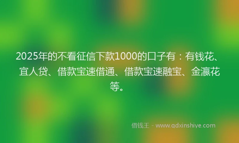 2025年的不看征信下款1000的口子有：有钱花、宜人贷、借款宝速借通、借款宝速融宝、金瀛花等。