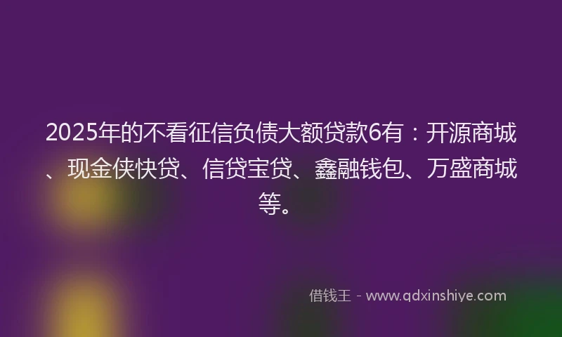 2025年的不看征信负债大额贷款6有：开源商城、现金侠快贷、信贷宝贷、鑫融钱包、万盛商城等。