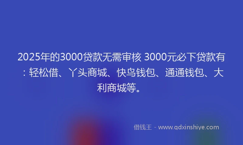 2025年的3000贷款无需审核 3000元必下贷款有：轻松借、丫头商城、快鸟钱包、通通钱包、大利商城等。