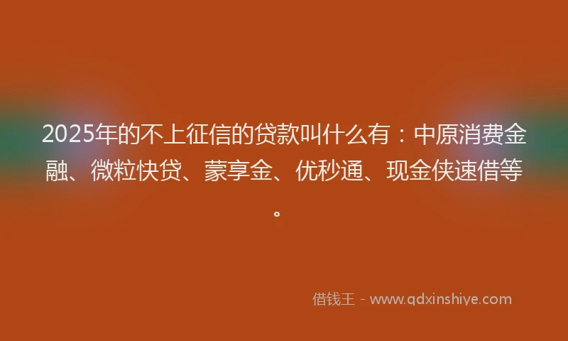 2025年的不上征信的贷款叫什么有:中原消费金融、微粒快贷、蒙享金、优秒通、现金侠速借等。