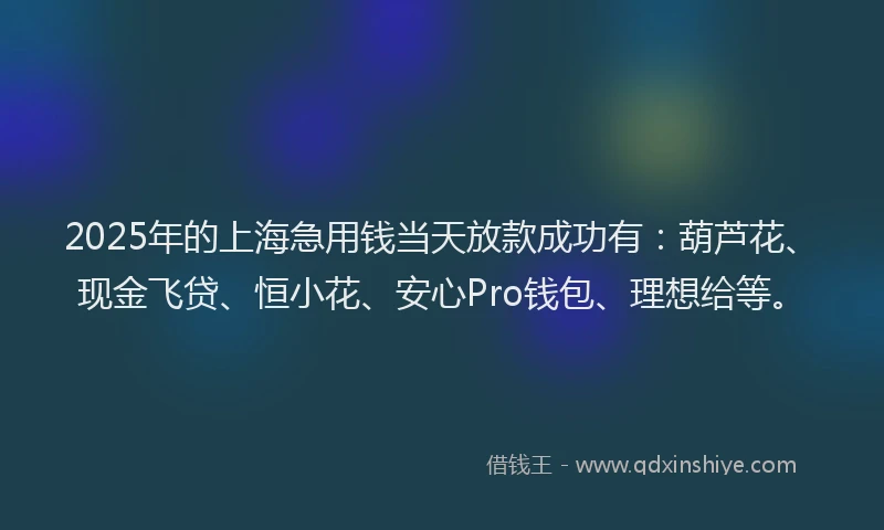 2025年的上海急用钱当天放款成功有：葫芦花、现金飞贷、恒小花、安心Pro钱包、理想给等。