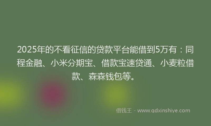 2025年的不看征信的贷款平台能借到5万有：同程金融、小米分期宝、借款宝速贷通、小麦粒借款、森森钱包等。