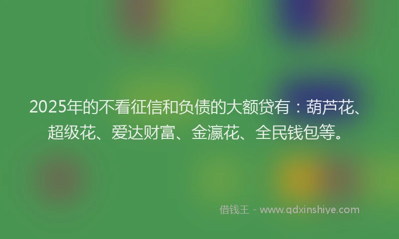 2025年的不看征信和负债的大额贷有：葫芦花、超级花、爱达财富、金瀛花、全民钱包等。