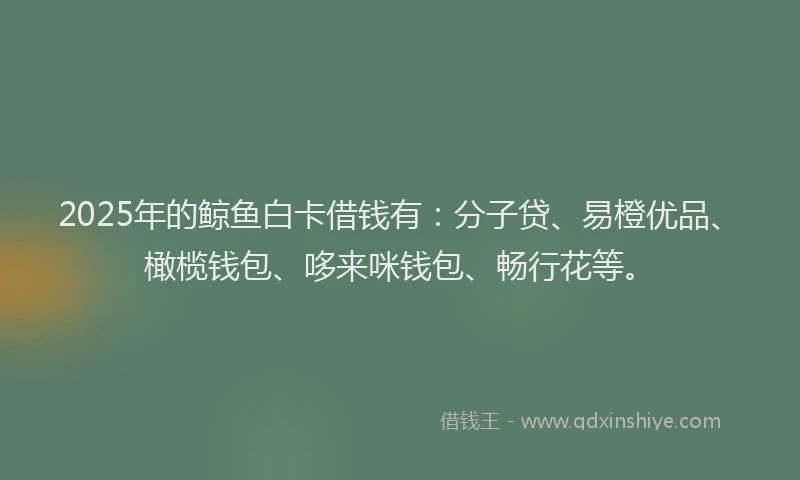 2025年的鲸鱼白卡借钱有：分子贷、易橙优品、橄榄钱包、哆来咪钱包、畅行花等。