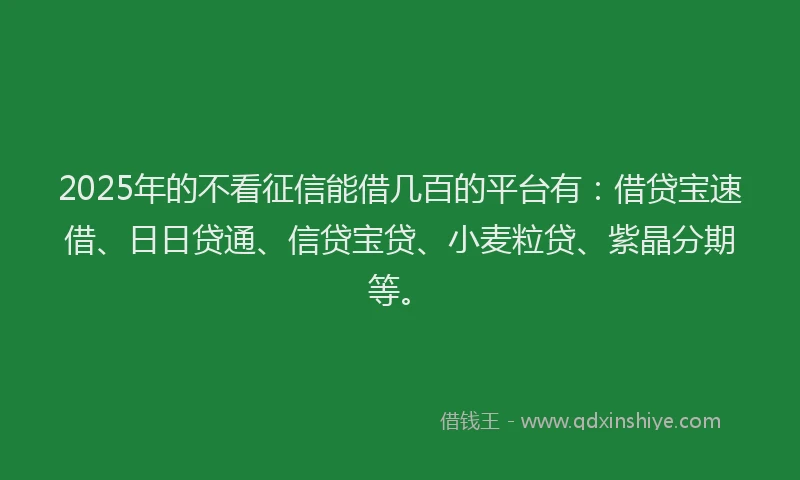 2025年的不看征信能借几百的平台有：借贷宝速借、日日贷通、信贷宝贷、小麦粒贷、紫晶分期等。