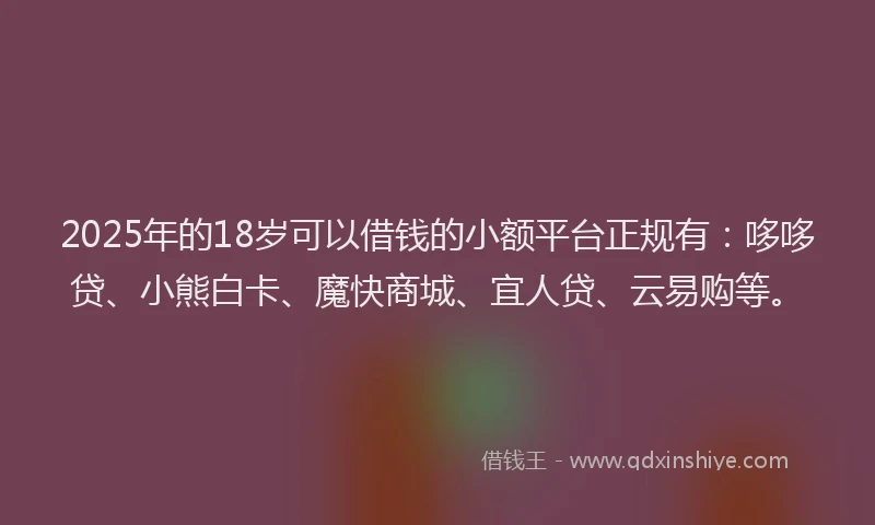 2025年的18岁可以借钱的小额平台正规有：哆哆贷、小熊白卡、魔快商城、宜人贷、云易购等。