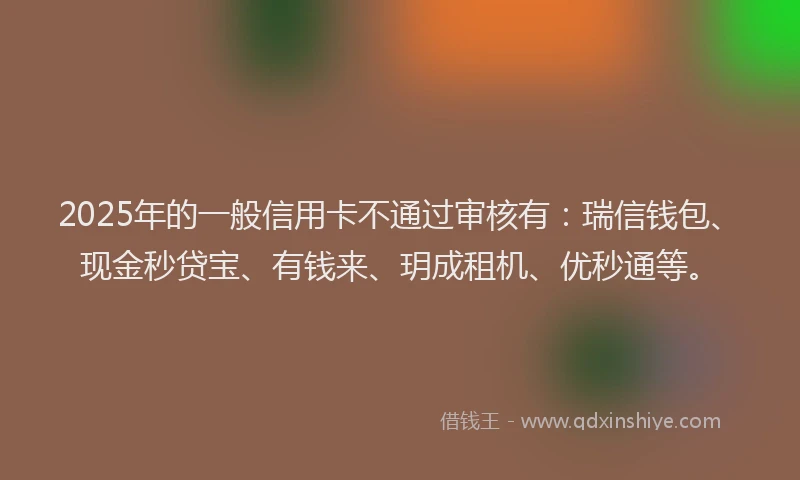 2025年的一般信用卡不通过审核有：瑞信钱包、现金秒贷宝、有钱来、玥成租机、优秒通等。