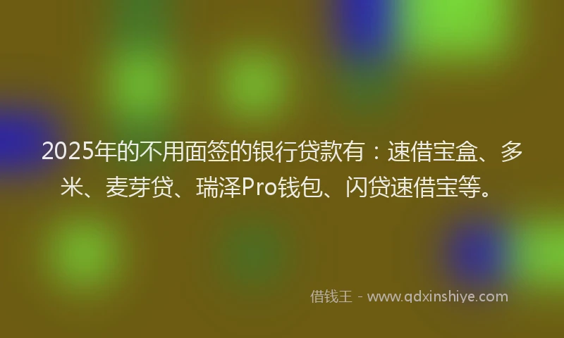2025年的不用面签的银行贷款有：速借宝盒、多米、麦芽贷、瑞泽Pro钱包、闪贷速借宝等。