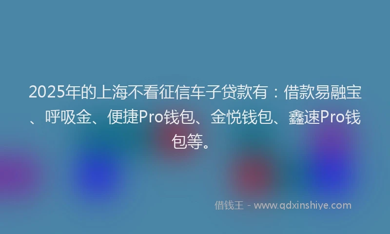 2025年的上海不看征信车子贷款有：借款易融宝、呼吸金、便捷Pro钱包、金悦钱包、鑫速Pro钱包等。