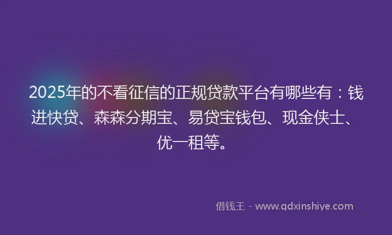 2025年的不看征信的正规贷款平台有哪些有：钱进快贷、森森分期宝、易贷宝钱包、现金侠士、优一租等。