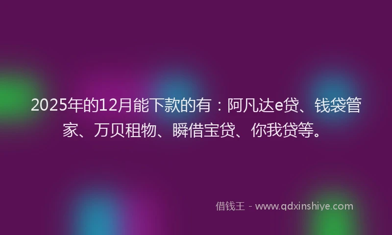 2025年的12月能下款的有：阿凡达e贷、钱袋管家、万贝租物、瞬借宝贷、你我贷等。