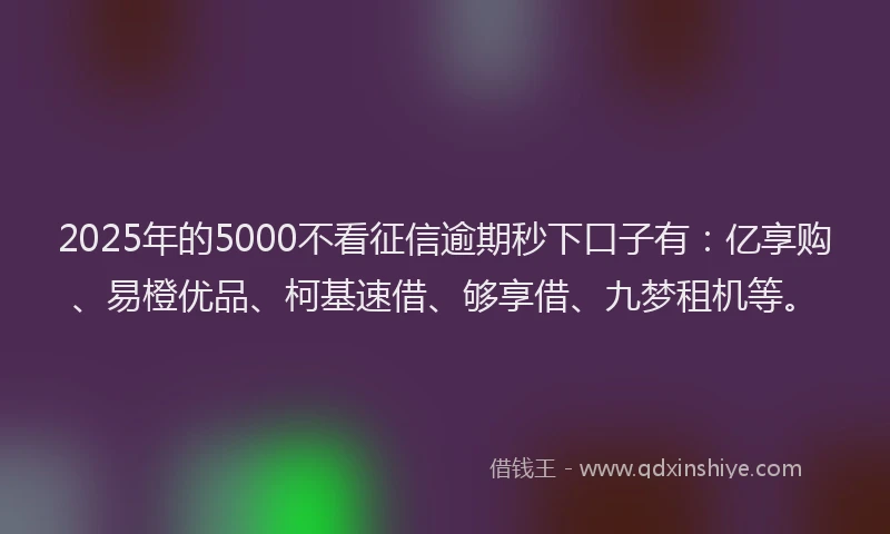 2025年的5000不看征信逾期秒下口子有：亿享购、易橙优品、柯基速借、够享借、九梦租机等。