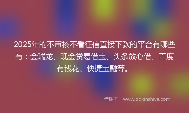 2025年的不审核不看征信直接下款的平台有哪些有：金瑞龙、现金贷易借宝、头条放心借、百度有钱花、快捷宝融等。