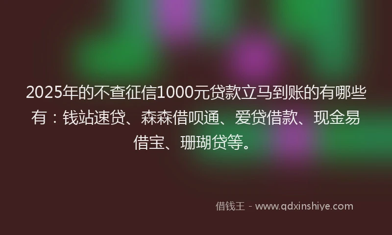 2025年的不查征信1000元贷款立马到账的有哪些有：钱站速贷、森森借呗通、爱贷借款、现金易借宝、珊瑚贷等。