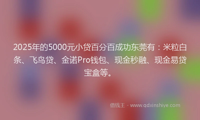 2025年的5000元小贷百分百成功东莞有：米粒白条、飞鸟贷、金诺Pro钱包、现金秒融、现金易贷宝盒等。