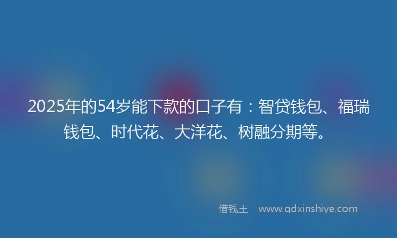 2025年的54岁能下款的口子有：智贷钱包、福瑞钱包、时代花、大洋花、树融分期等。