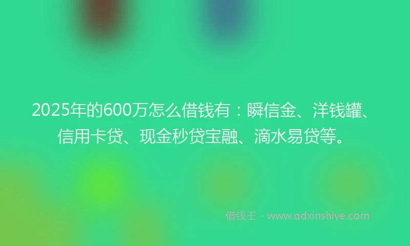 2025年的600万怎么借钱有：瞬信金、洋钱罐、信用卡贷、现金秒贷宝融、滴水易贷等。