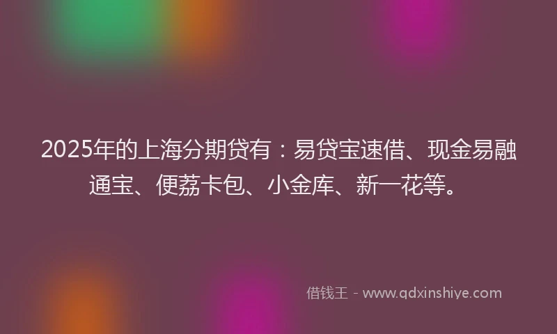 2025年的上海分期贷有:易贷宝速借、现金易融通宝、便荔卡包、小金库、新一花等。