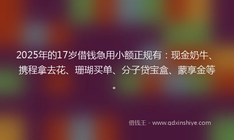 2025年的17岁借钱急用小额正规有：现金奶牛、携程拿去花、珊瑚买单、分子贷宝盒、蒙享金等。