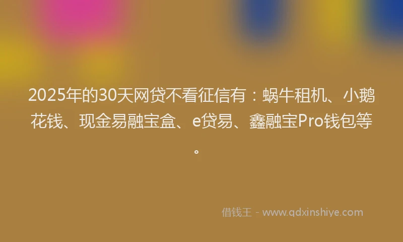 2025年的30天网贷不看征信有：蜗牛租机、小鹅花钱、现金易融宝盒、e贷易、鑫融宝Pro钱包等。