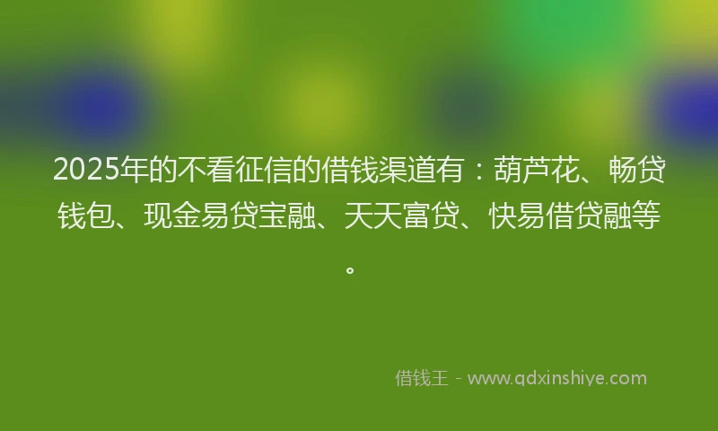 2025年的不看征信的借钱渠道有：葫芦花、畅贷钱包、现金易贷宝融、天天富贷、快易借贷融等。