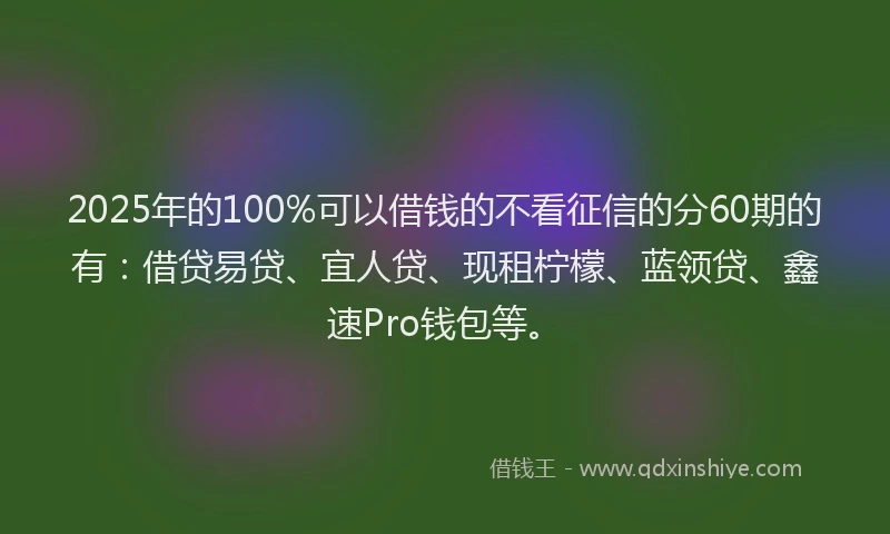 2025年的100%可以借钱的不看征信的分60期的有：借贷易贷、宜人贷、现租柠檬、蓝领贷、鑫速Pro钱包等。