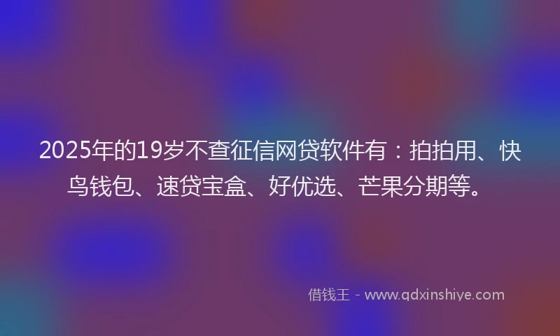 2025年的19岁不查征信网贷软件有：拍拍用、快鸟钱包、速贷宝盒、好优选、芒果分期等。